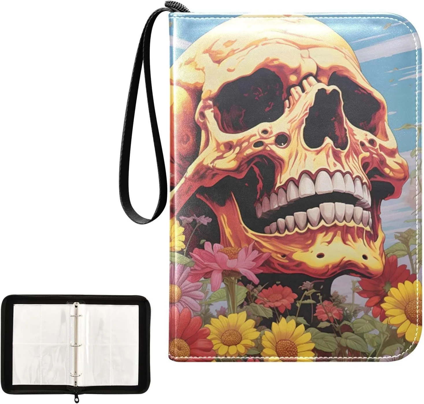 4 Pockets Trading Card Album Holder Book Folder Sports Card Binder Skull Retro Flower 400 Double Side Pockets for 3 Ring Binder Zipper