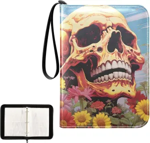 4 Pockets Trading Card Album Holder Book Folder Sports Card Binder Skull Retro Flower 400 Double Side Pockets for 3 Ring Binder Zipper