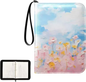 4 Pockets Trading Card Album Holder Book Folder Sports Card Binder Wild Pink Flower 400 Double Side Pockets for 3 Ring Binder Zipper