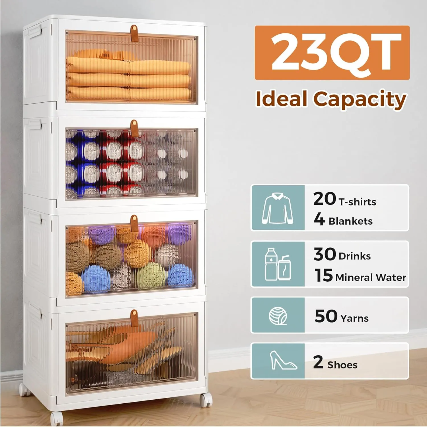 4 Tier Storage Bins with Lids, 23QT Stackable Closet Organizers and Storage with Wheels, Collapsible Storage Boxes, Foldable Plastic Storage Containers for Home,Office, Dorm Room