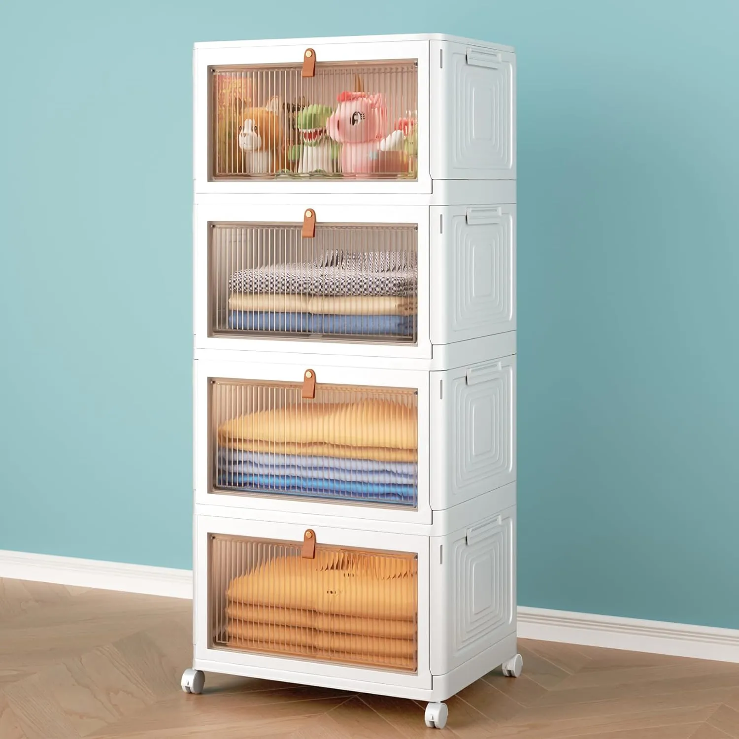 4 Tier Storage Bins with Lids, 23QT Stackable Closet Organizers and Storage with Wheels, Collapsible Storage Boxes, Foldable Plastic Storage Containers for Home,Office, Dorm Room