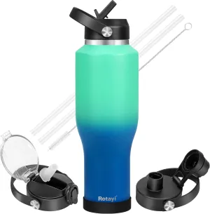 40 oz Insulated Water Bottle,Keep Cold 48 Hrs&Hot 24 Hrs,Fits in Any Car Cup Holders,Triple Wall Vacuum Insulated Flask With 3 Lids For Travel Camping Gym Sports(Green Blue Gradient)