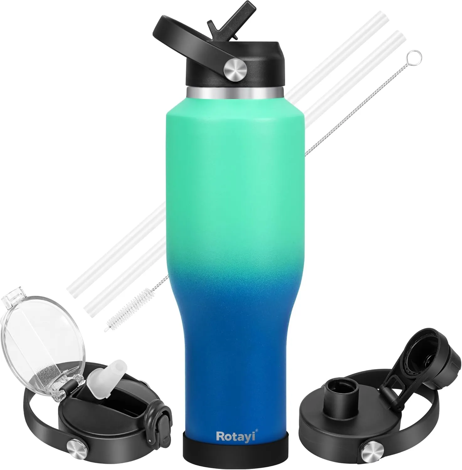 40 oz Insulated Water Bottle,Keep Cold 48 Hrs&Hot 24 Hrs,Fits in Any Car Cup Holders,Triple Wall Vacuum Insulated Flask With 3 Lids For Travel Camping Gym Sports(Green Blue Gradient)