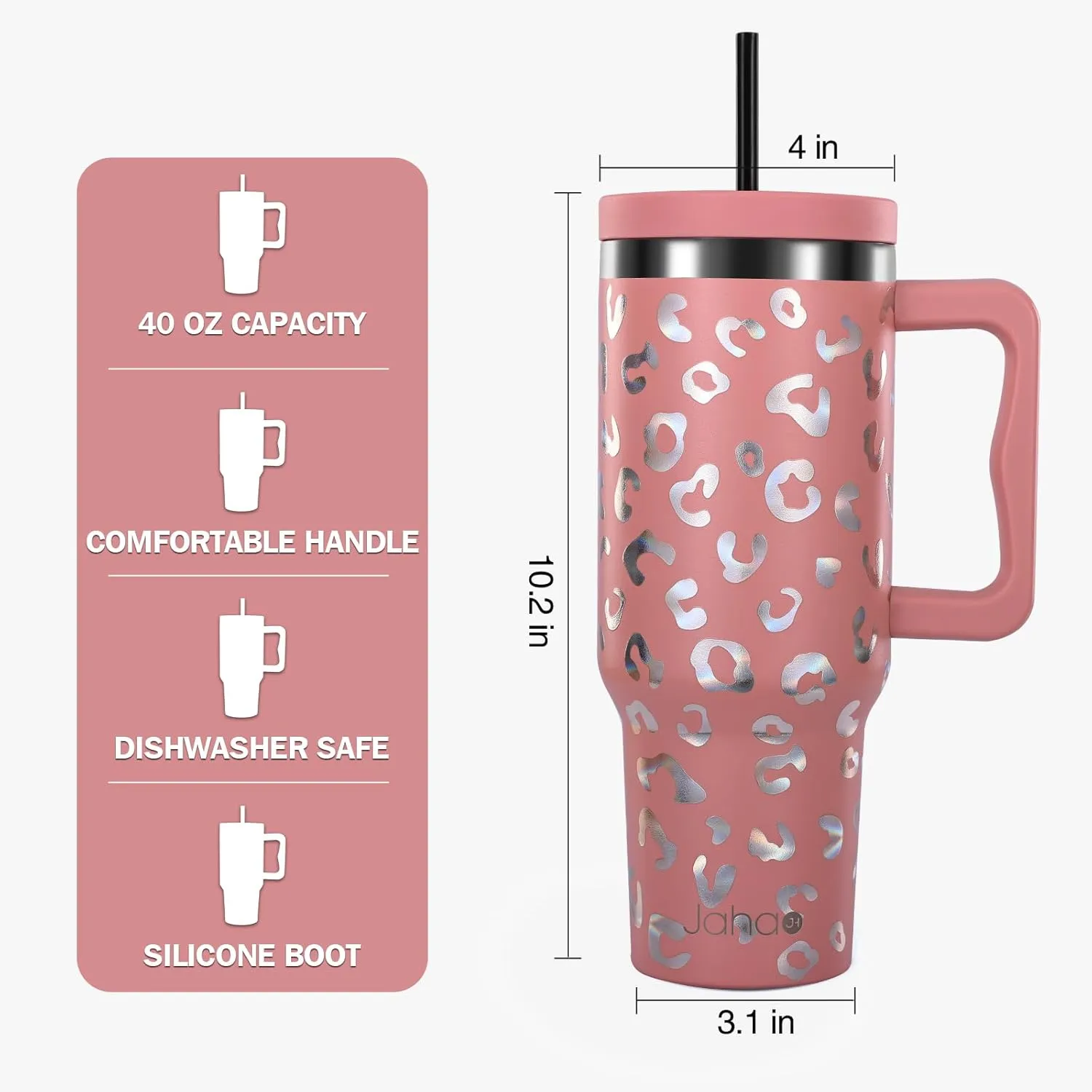 40 oz Tumbler with Handle and Straw, Insulated Tumblers with Lid and Straw, Stainless Steel Water Bottle Insulated Cup Travel Coffee Mug Spill Proof Leak Proof Outdoor Sports - (Blush Leopard)