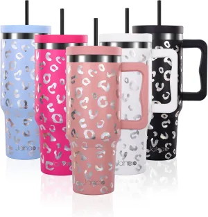 40 oz Tumbler with Handle and Straw, Insulated Tumblers with Lid and Straw, Stainless Steel Water Bottle Insulated Cup Travel Coffee Mug Spill Proof Leak Proof Outdoor Sports - (Blush Leopard)