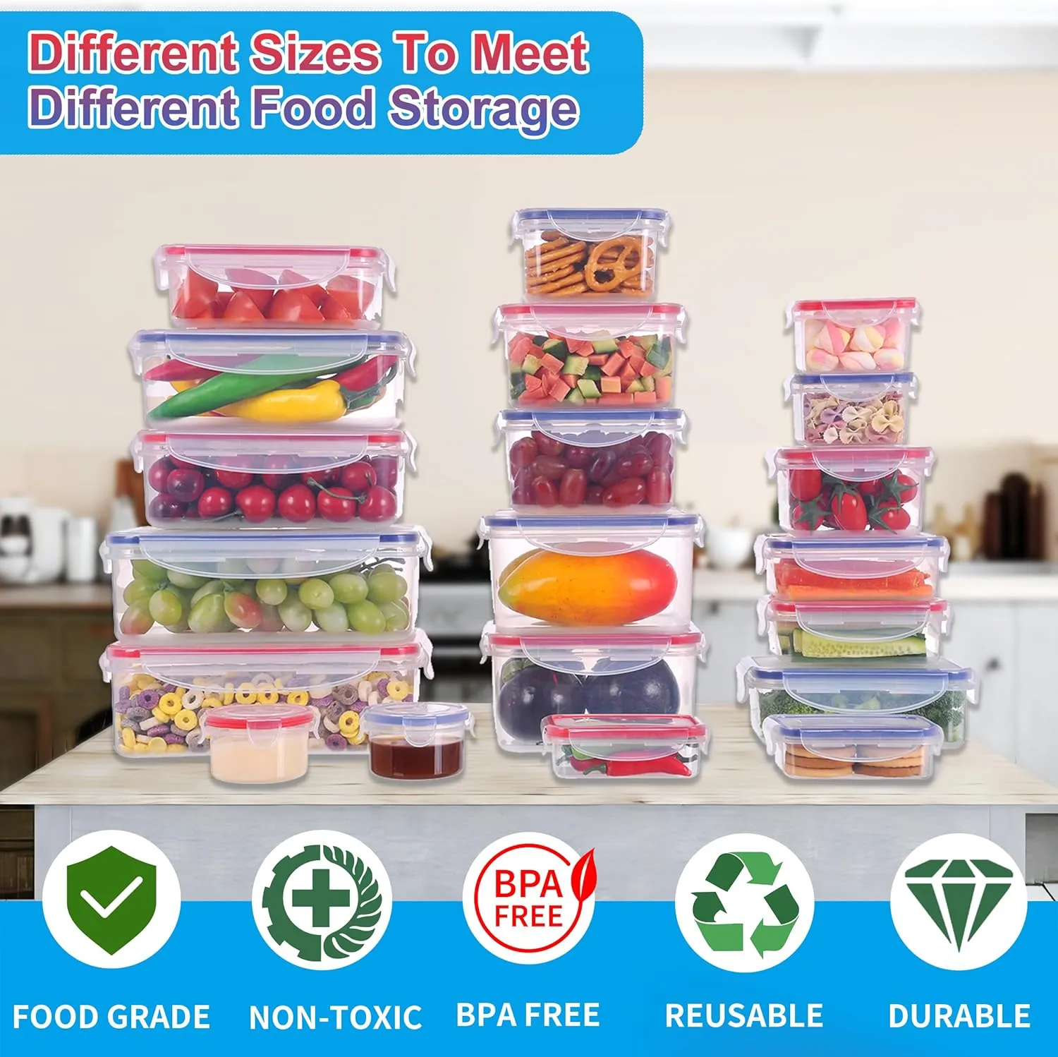 40-Piece Reusable Food Storage Containers with Lids Airtight, 100% Leakproof Plastic Meal Prep Storage Food Grade Kitchen Organizer, Stackable Freezer Containers, Microwave & Dishwasher Safe