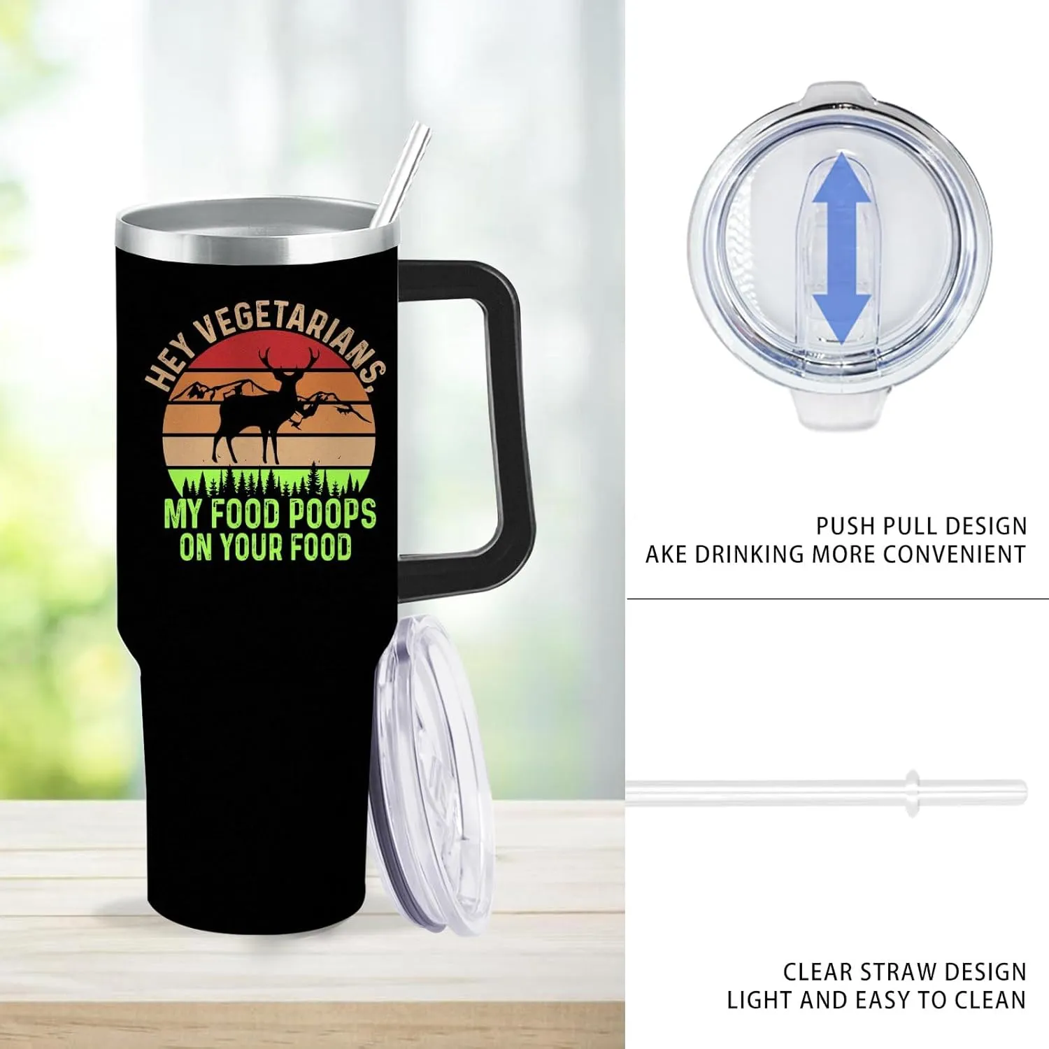 40oz Tumbler with Handle Hey Vegetarians, My Food Poops On Your Food Tumbler Personalized Tumbler Insulated Stainless Tumbler with Lids and Straws funny Gift for Mom