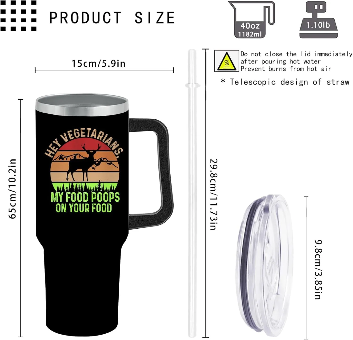 40oz Tumbler with Handle Hey Vegetarians, My Food Poops On Your Food Tumbler Personalized Tumbler Insulated Stainless Tumbler with Lids and Straws funny Gift for Mom