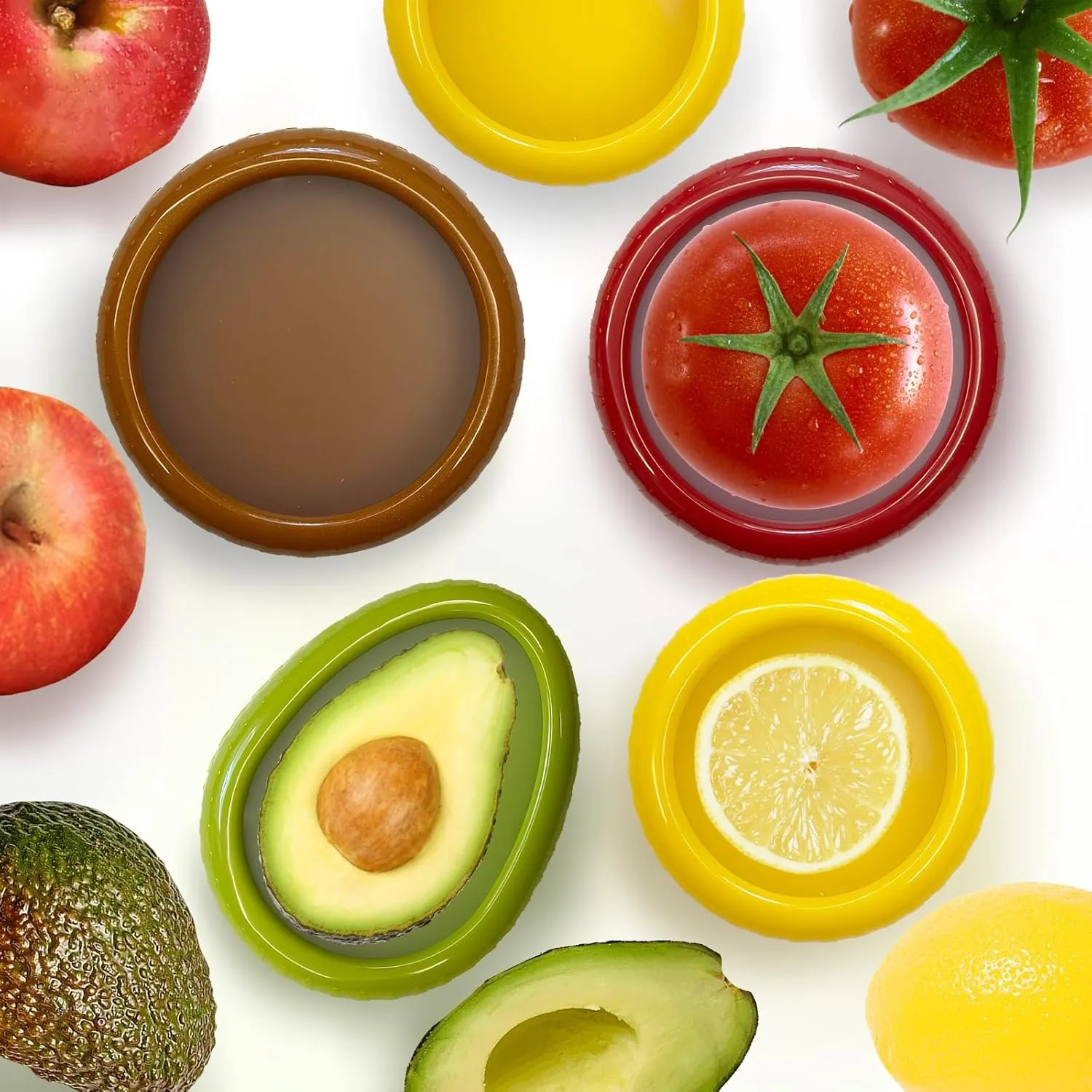 4PCS Fresh Food Savers Reusable Avocado Saver and Onions Storage，Avocado Lemon Tomatoes Pepper Onion Garlic Shape Crisper Containers
