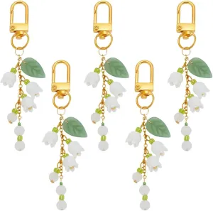 4pcs Lily of the Valley Keychains, Glass Charm Keychains with Swivel Clasps Flower Bag Purse Charms Floral Leaf Keyrings for Summer Home Car Keys Bag Keychain Camera Pendants Decor