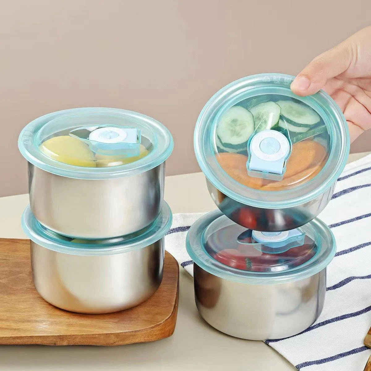 4PCS Stainless Steel Food Containers Set for Fridge Picnic Fruit Preservation
