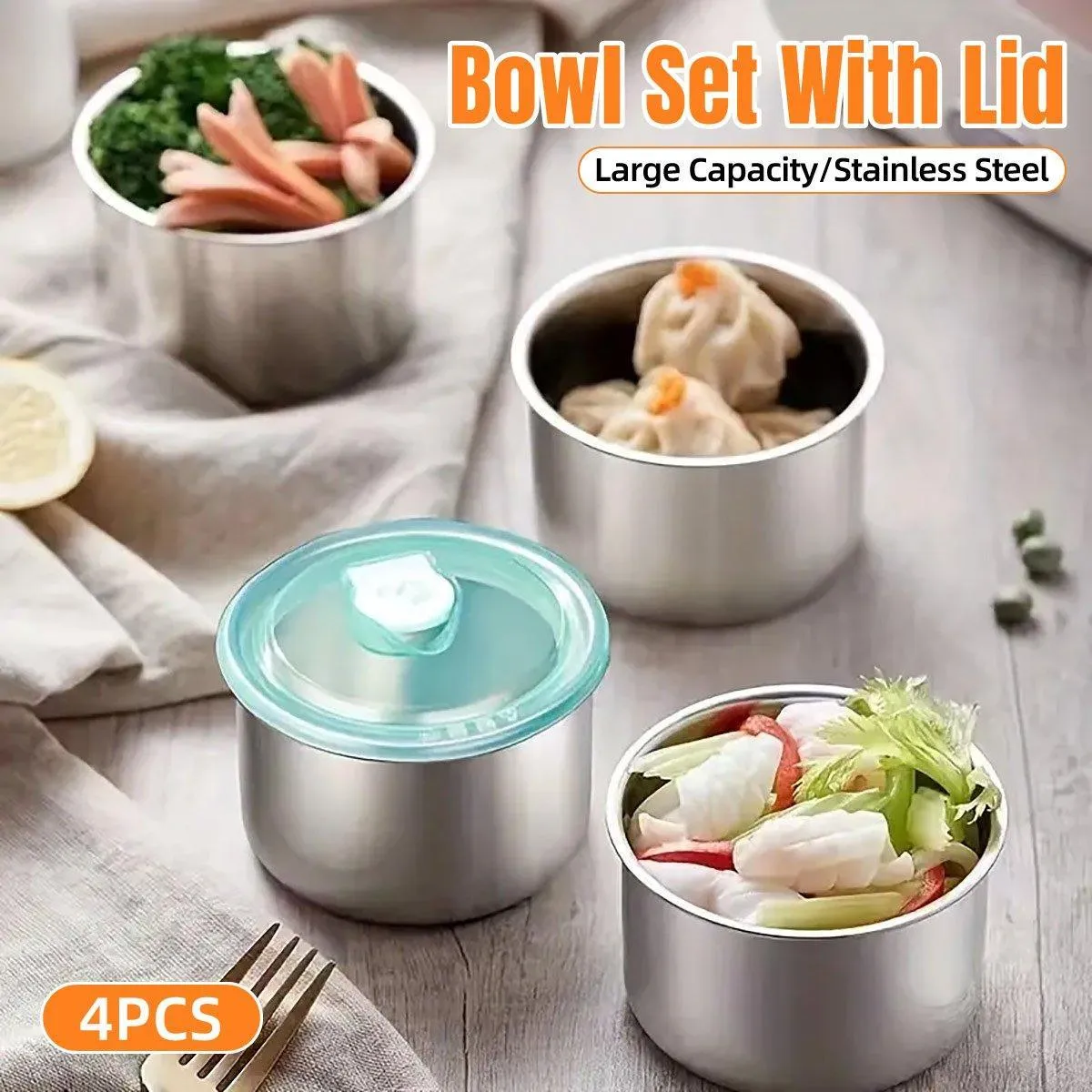 4PCS Stainless Steel Food Containers Set for Fridge Picnic Fruit Preservation