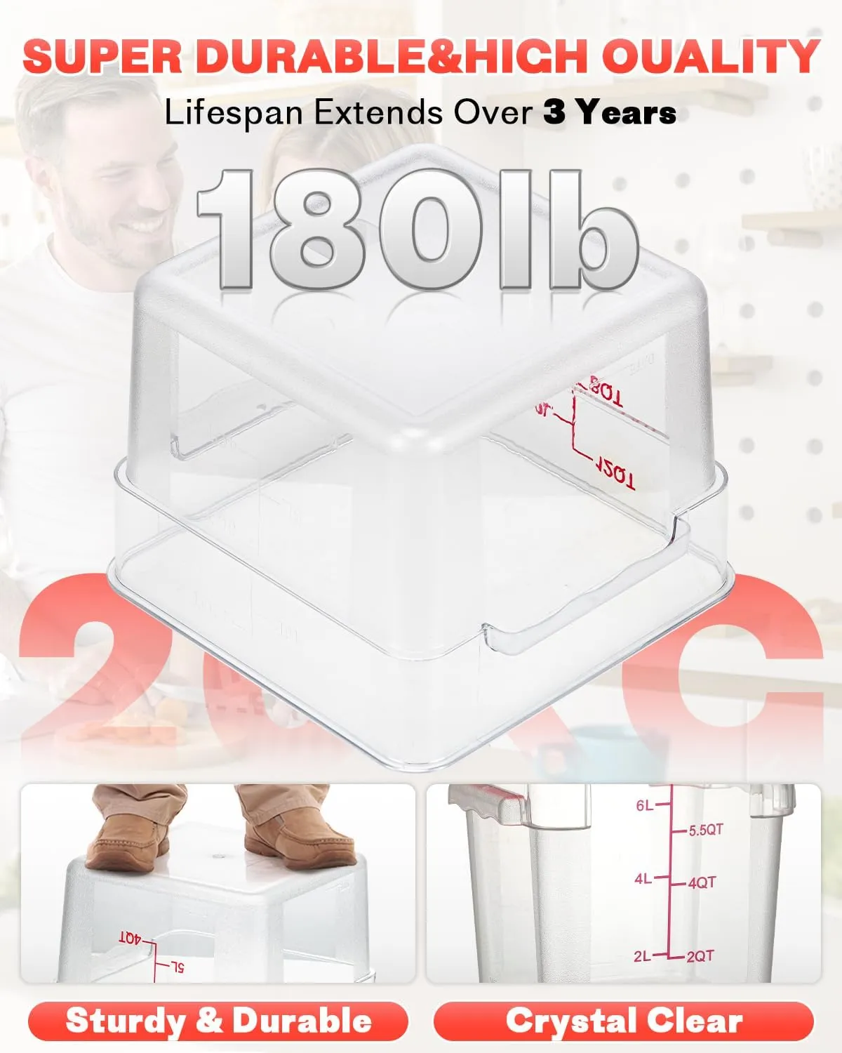 4QT NSF Food Storage Containers: 8 PCS [Food Grade][Hot&Cold Resistant] Commercial Clear Food Storage Containers with Lids for Restaurant Kitchen Proof Dough, Measuring Spoons Included(BPA FREE)