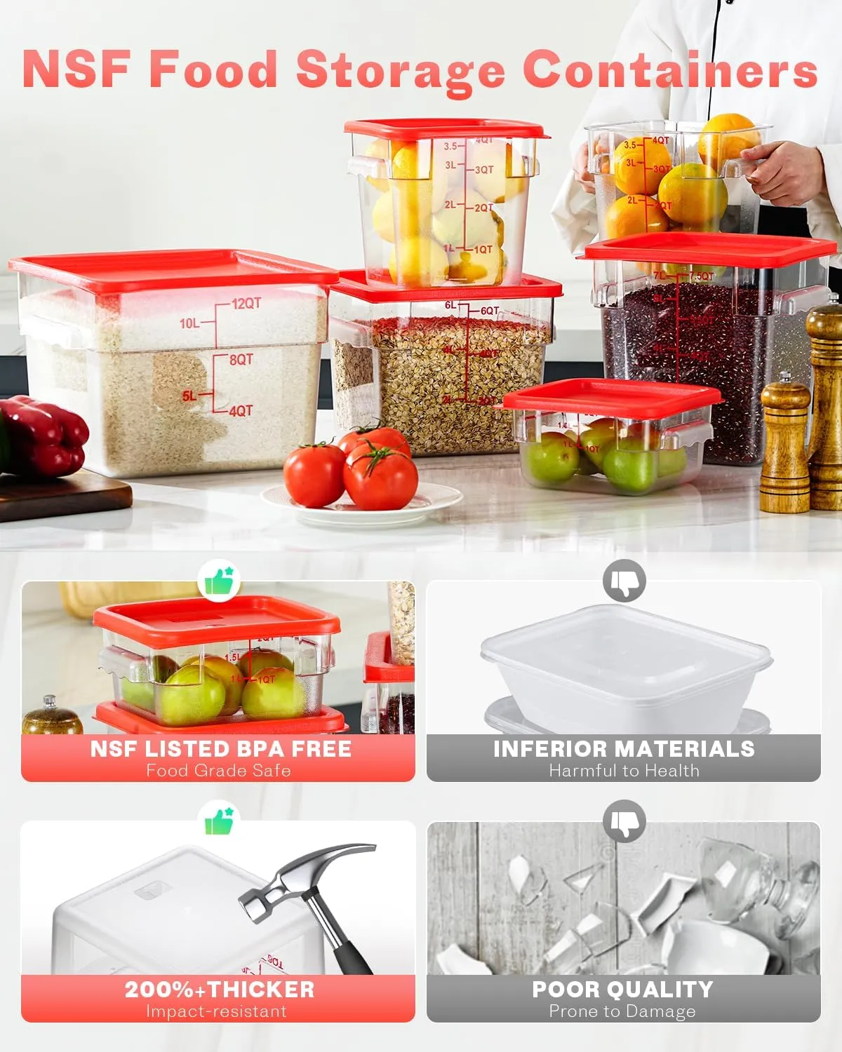 4QT NSF Food Storage Containers: 8 PCS [Food Grade][Hot&Cold Resistant] Commercial Clear Food Storage Containers with Lids for Restaurant Kitchen Proof Dough, Measuring Spoons Included(BPA FREE)