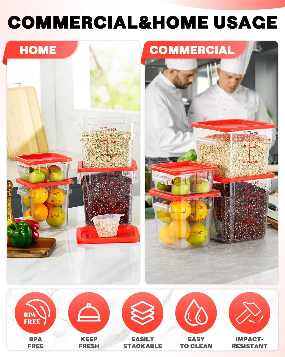 4QT NSF Food Storage Containers: 8 PCS [Food Grade][Hot&Cold Resistant] Commercial Clear Food Storage Containers with Lids for Restaurant Kitchen Proof Dough, Measuring Spoons Included(BPA FREE)