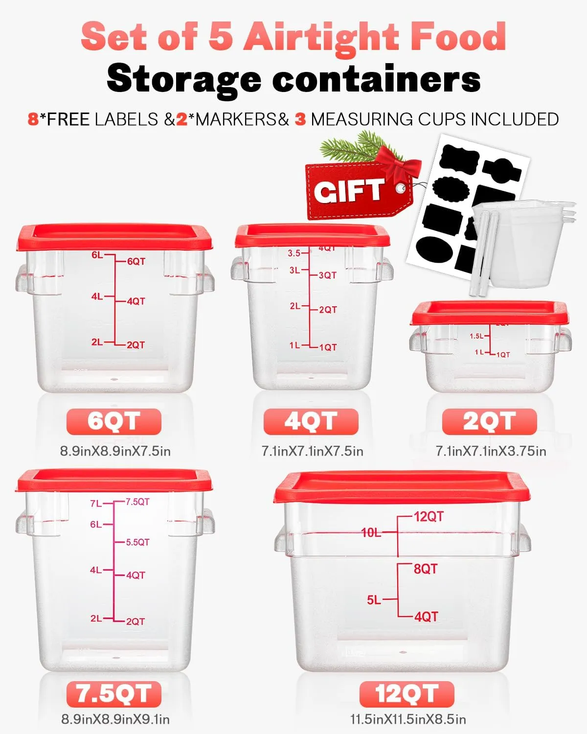 4QT NSF Food Storage Containers: 8 PCS [Food Grade][Hot&Cold Resistant] Commercial Clear Food Storage Containers with Lids for Restaurant Kitchen Proof Dough, Measuring Spoons Included(BPA FREE)