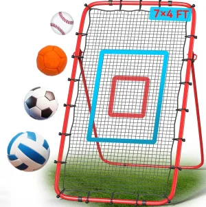 5-Angle Adjustable Volleyball Rebounder Net 7x4 Ft, Portable Rebounder Net for Practicing Baseball, Lacrosse, Football, Bounce Back Training Equipment with Durable Frame, 2 Target Stripes & Travel Bag