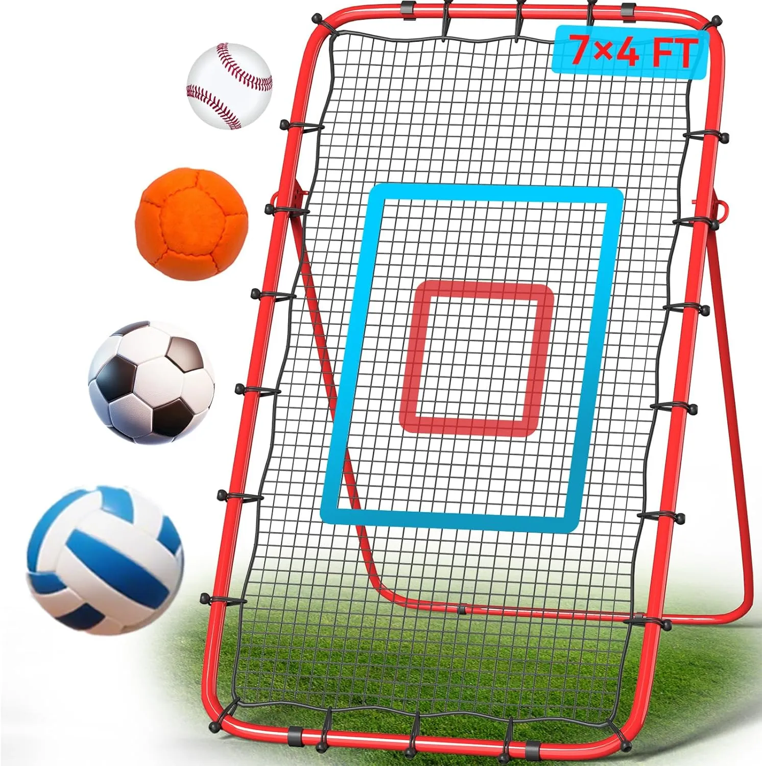 5-Angle Adjustable Volleyball Rebounder Net 7x4 Ft, Portable Rebounder Net for Practicing Baseball, Lacrosse, Football, Bounce Back Training Equipment with Durable Frame, 2 Target Stripes & Travel Bag