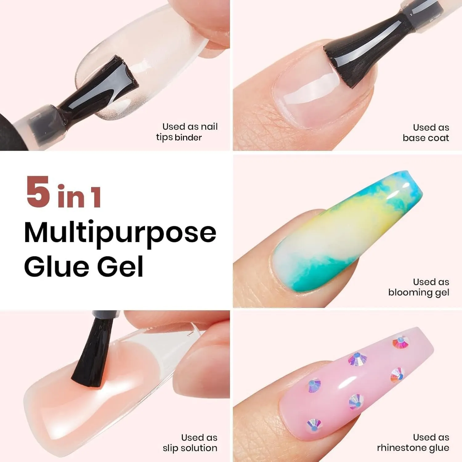5 in 1 Nail Glue Kit for Acrylic Nails,2 Pcs 15Ml Super Strong Brush in Nail Gel Glue for False Nails Tips and Gel Nail Polish Led Lamp Required Nail Art Gift
