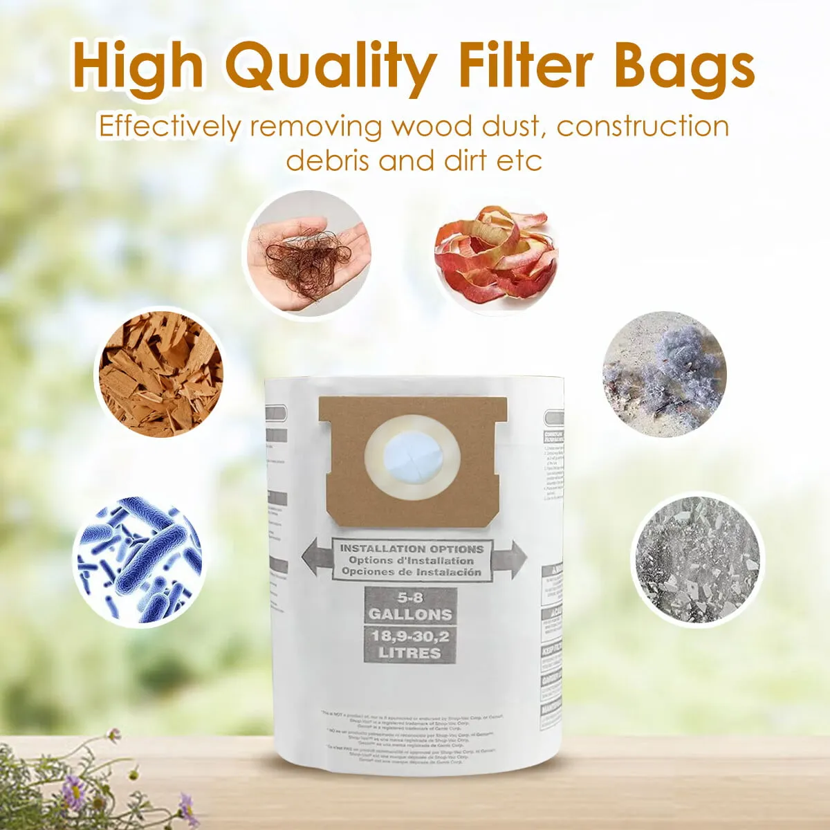 5 Packs Replacement Dust Bags for HARTT SS Vac,5-8 Gallon 5 Peak HP Stainless Steel Wet/Dry Vacuum, VOC608S 3702 / VOC812SF 3701 / VOC608S 3703