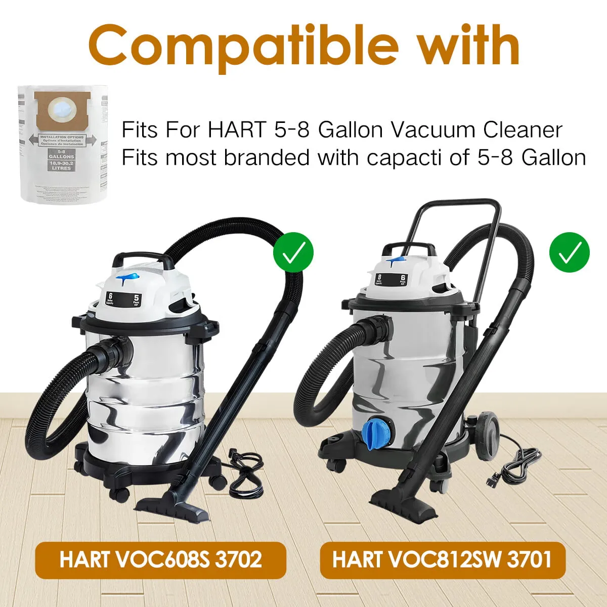 5 Packs Replacement Dust Bags for HARTT SS Vac,5-8 Gallon 5 Peak HP Stainless Steel Wet/Dry Vacuum, VOC608S 3702 / VOC812SF 3701 / VOC608S 3703