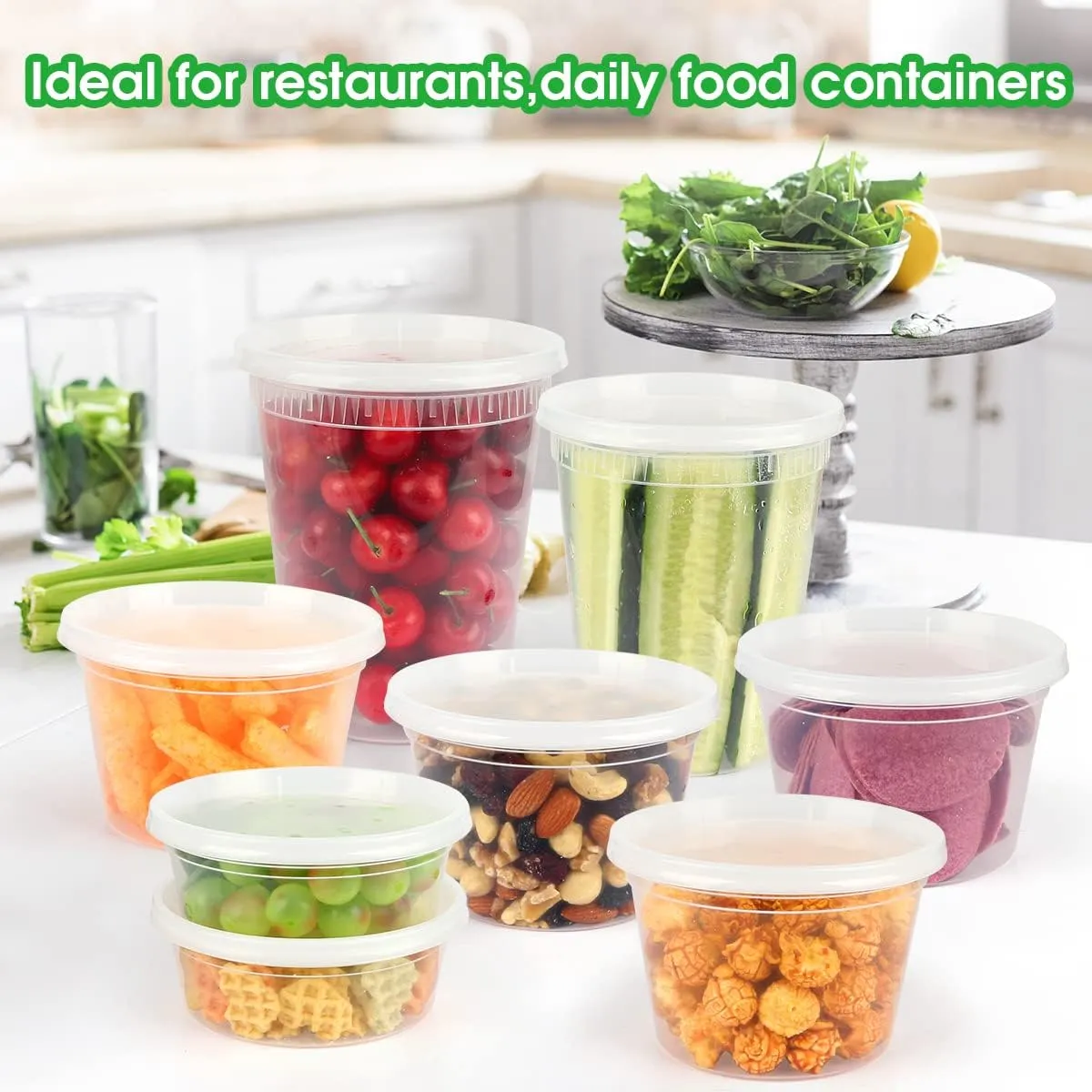 [50 Pack, 8oz, 16oz, 32oz] Food Storage Containers with Lids, BPA-Free | Airtight | Stackable Plastic Deli Containers (Includes 10 Spoons & 10 Forks), Dishwasher, Microwave & Freezer Safe
