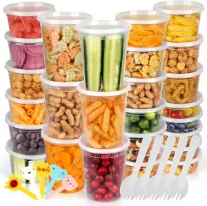 [50 Pack, 8oz, 16oz, 32oz] Food Storage Containers with Lids, BPA-Free | Airtight | Stackable Plastic Deli Containers (Includes 10 Spoons & 10 Forks), Dishwasher, Microwave & Freezer Safe