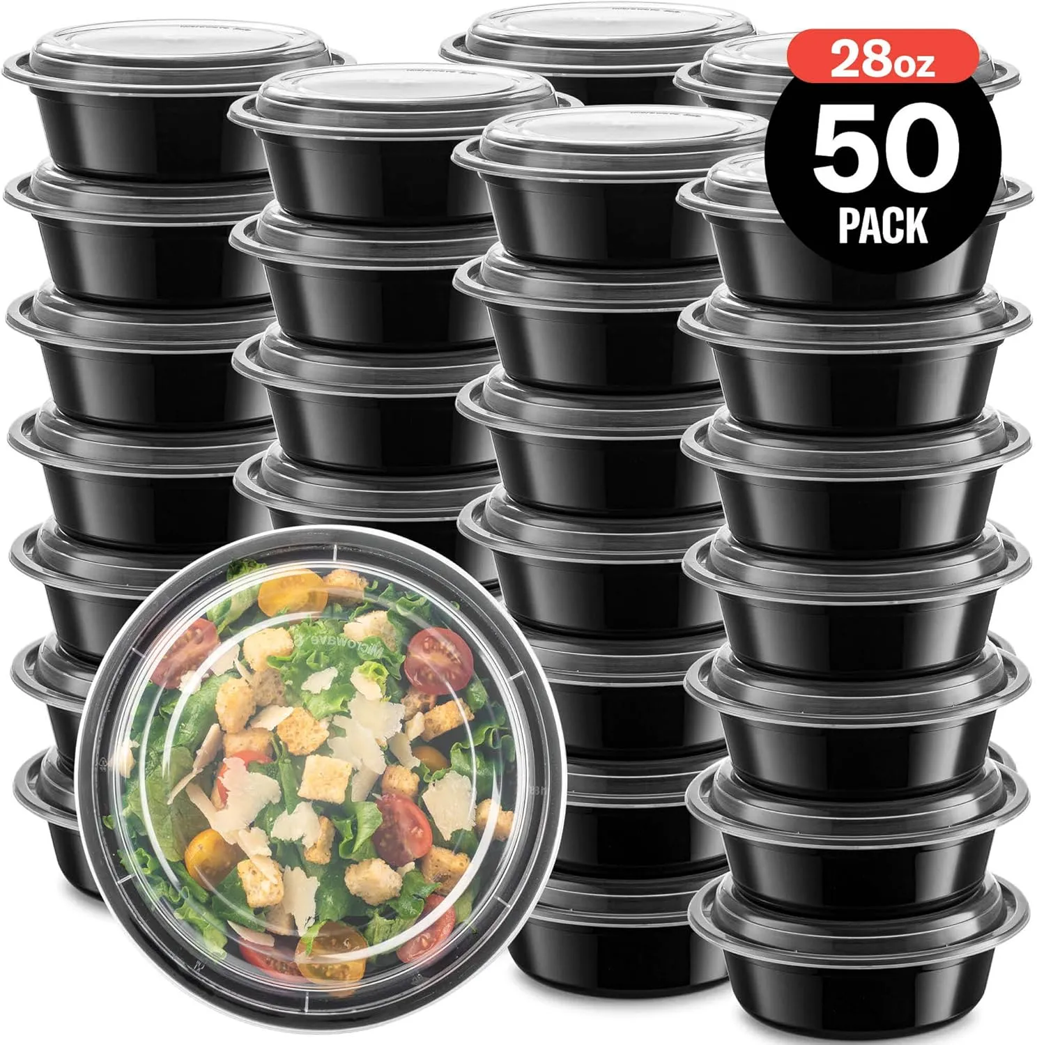 50-Pack Reusable Meal Prep Containers Microwave Safe Food Storage Containers with Lids, 28 oz Round Take Out Disposable Plastic Bento Lunch Box To Go Meal Prep Bowls, BPA-Free, Freezer Dishwasher Safe