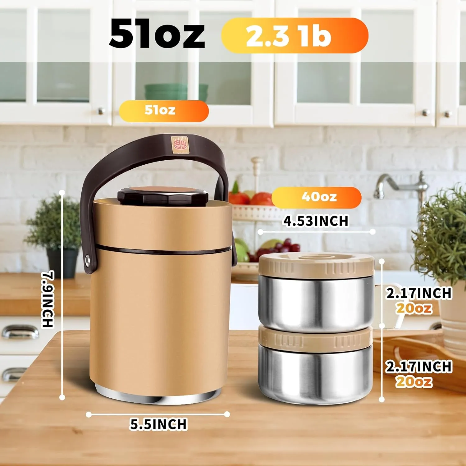 51 oz Adults Stainless Steel Vacuum Insulated Wide Mouth Soup Food Thermos Hot Food Jar with Keep Thermal Portable 2 Tier Stackable Bento Hot Food Containers Lunch Boxes (51 oz Gold)