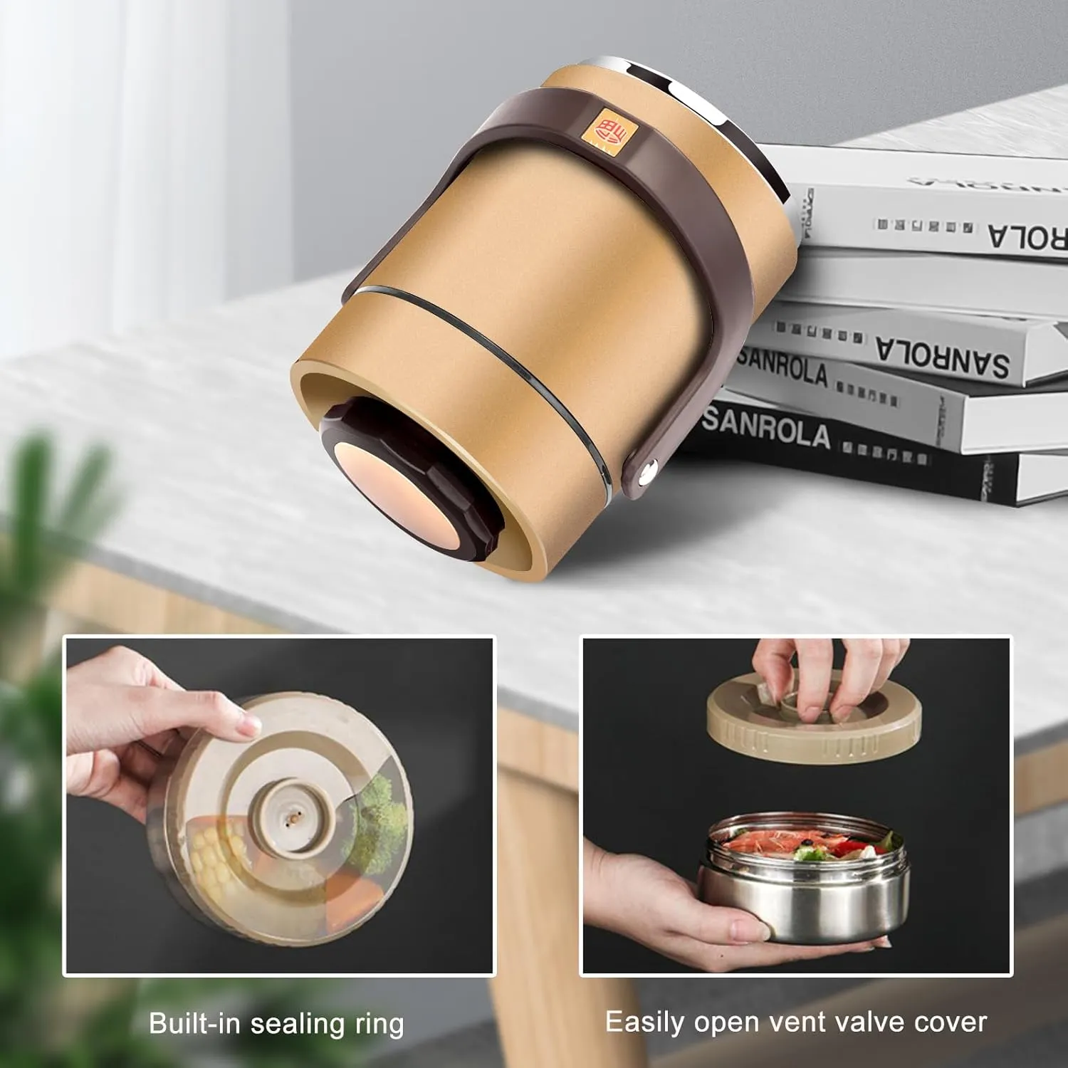 51 oz Adults Stainless Steel Vacuum Insulated Wide Mouth Soup Food Thermos Hot Food Jar with Keep Thermal Portable 2 Tier Stackable Bento Hot Food Containers Lunch Boxes (51 oz Gold)