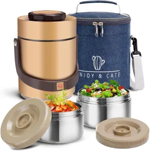 51 oz Adults Stainless Steel Vacuum Insulated Wide Mouth Soup Food Thermos Hot Food Jar with Keep Thermal Portable 2 Tier Stackable Bento Hot Food Containers Lunch Boxes (51 oz Gold)