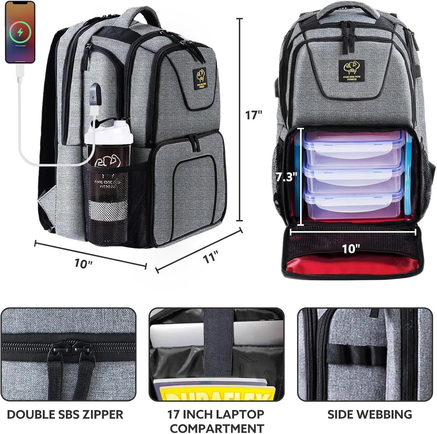 519 Fitness Meal Prep Backpack,Insulated Cooler Lunch Backpack with Computer Compartment,Hiking Picnic Cooler Backpack For Men and Women,3 Meal Containers,2 Ice Packs and Protein Shaker Included