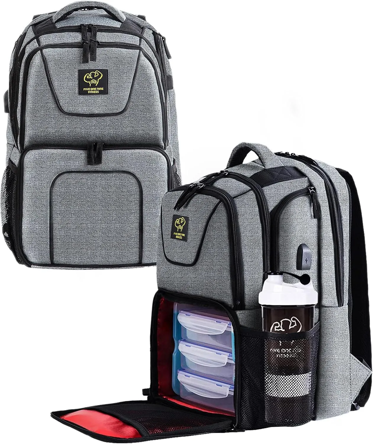 519 Fitness Meal Prep Backpack,Insulated Cooler Lunch Backpack with Computer Compartment,Hiking Picnic Cooler Backpack For Men and Women,3 Meal Containers,2 Ice Packs and Protein Shaker Included