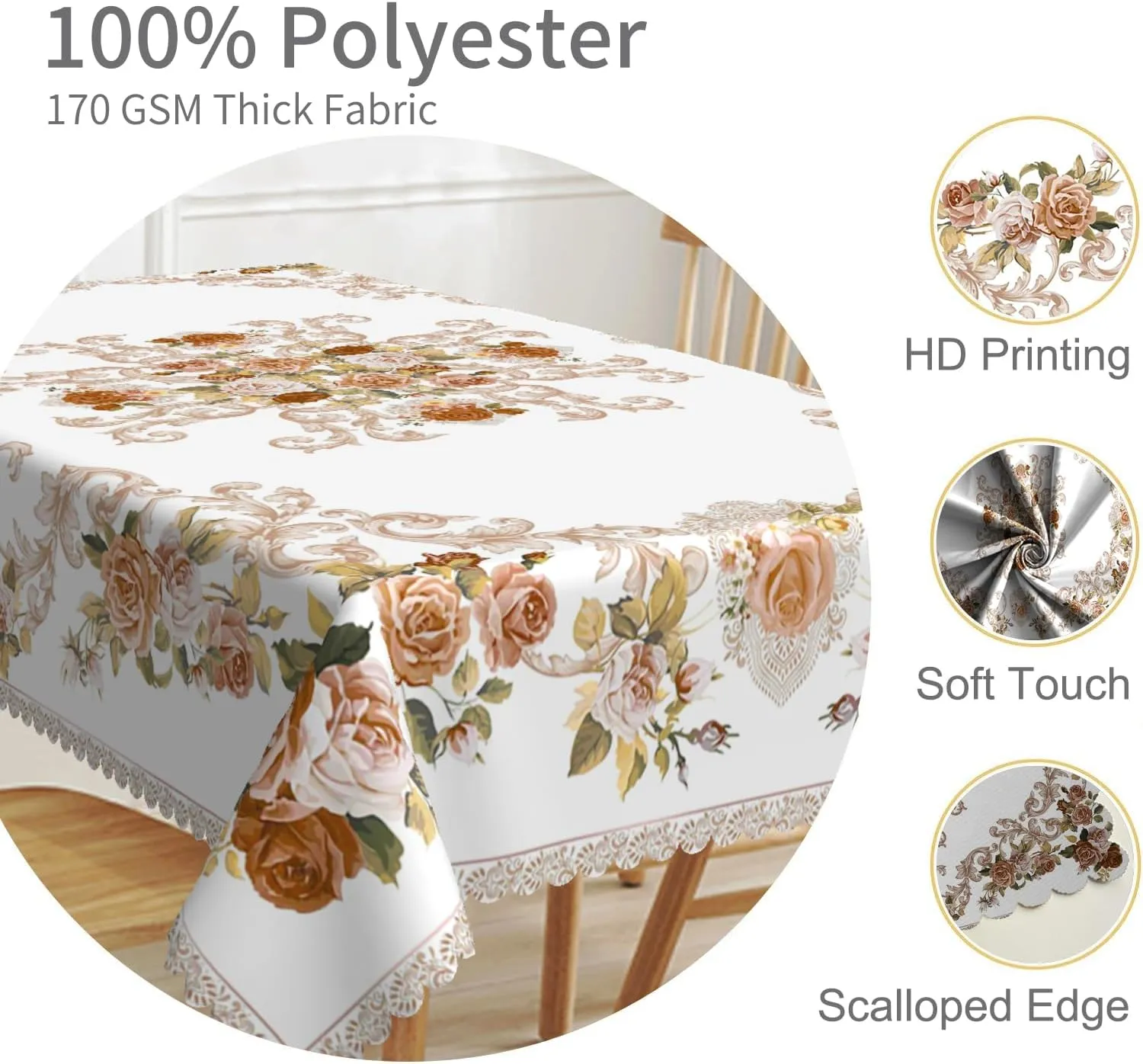 54x78inches Elegant Floral Tablecloth Brown Flower Print Rectangle Table Cloth Waterproof and Stain Resistant Table Cover for Kitchen Dining Room Patio Tea Party Buffet Indoor Outdoor Use