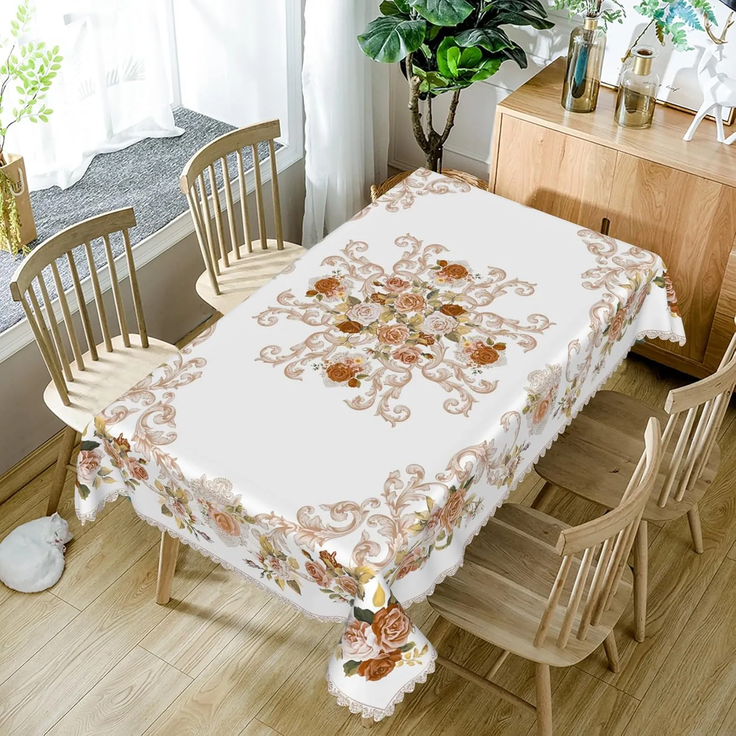 54x78inches Elegant Floral Tablecloth Brown Flower Print Rectangle Table Cloth Waterproof and Stain Resistant Table Cover for Kitchen Dining Room Patio Tea Party Buffet Indoor Outdoor Use