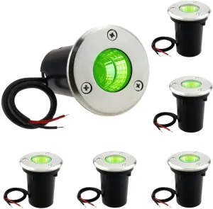 6 Pack 3W COB Green LED In-Ground Well Lights, IP67 Waterproof Outdoor Landscape Lighting for Garden，Pathway，Deck, 12V-24V AC DC Low Voltage