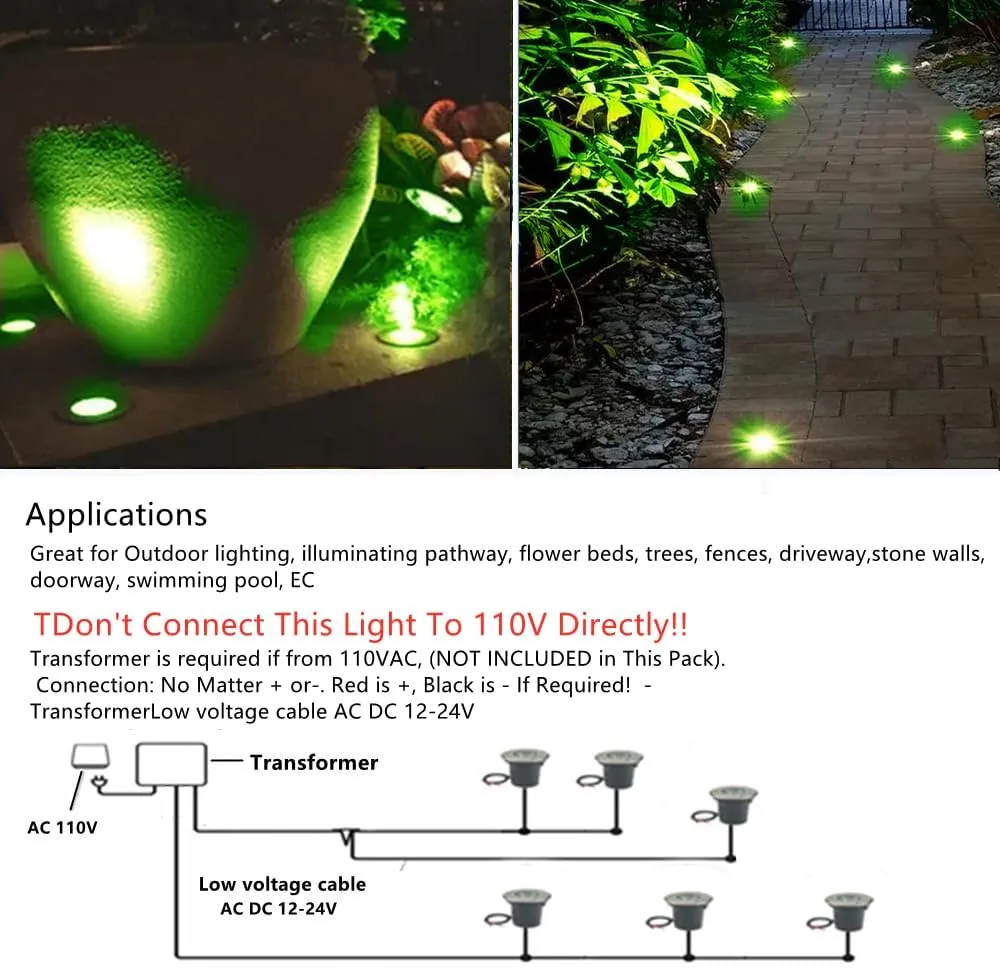 6 Pack 3W COB Green LED In-Ground Well Lights, IP67 Waterproof Outdoor Landscape Lighting for Garden，Pathway，Deck, 12V-24V AC DC Low Voltage