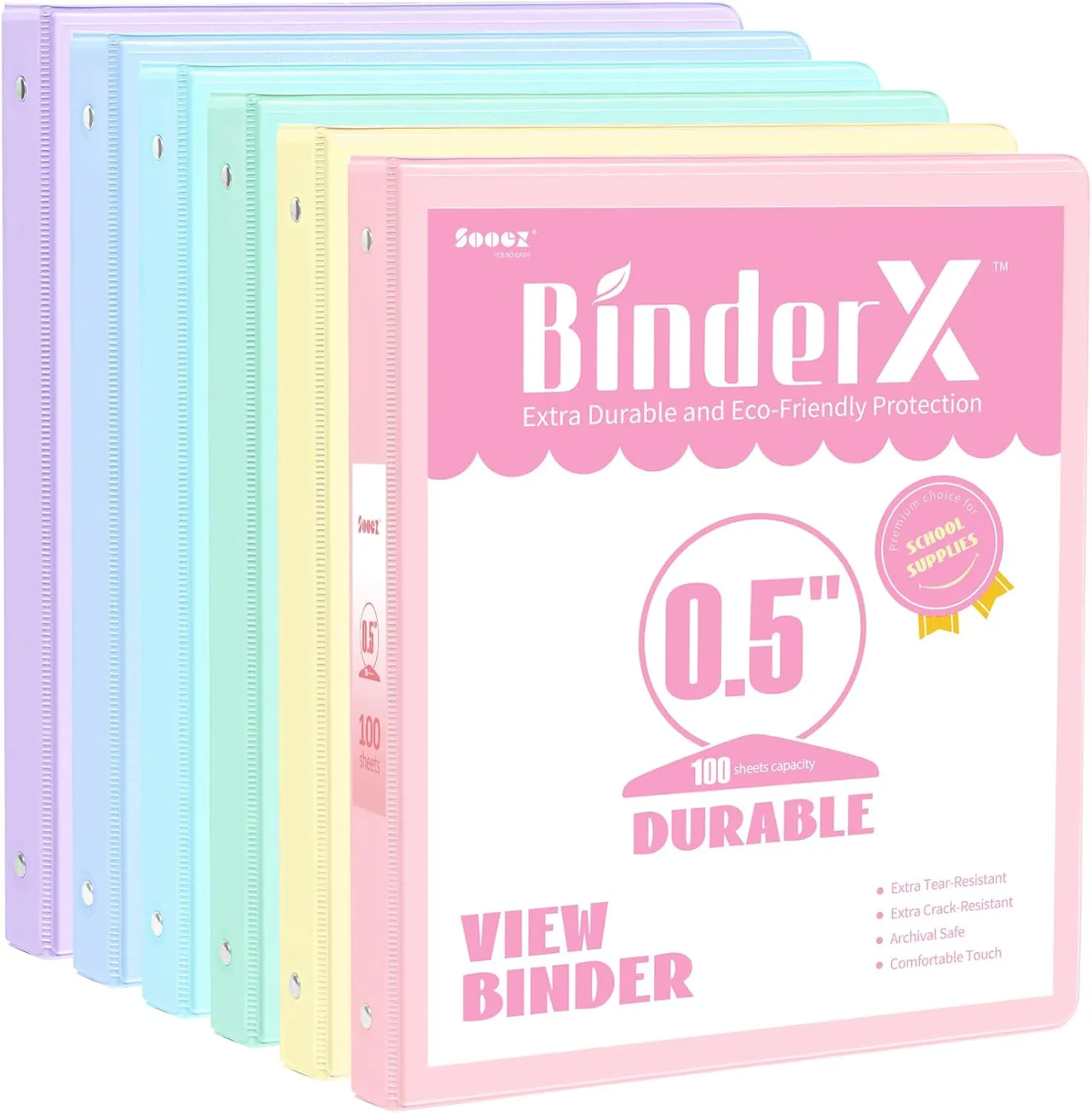 6 Pack Extra Durable 3 Ring Binders 0.5 inch, Sooez 1/2 Three Round Ring Binders with Pockets, Cute Customizable Clear View Cover for 8.5 x 11'' Letter Size Papers, School Office Supplies for Girl