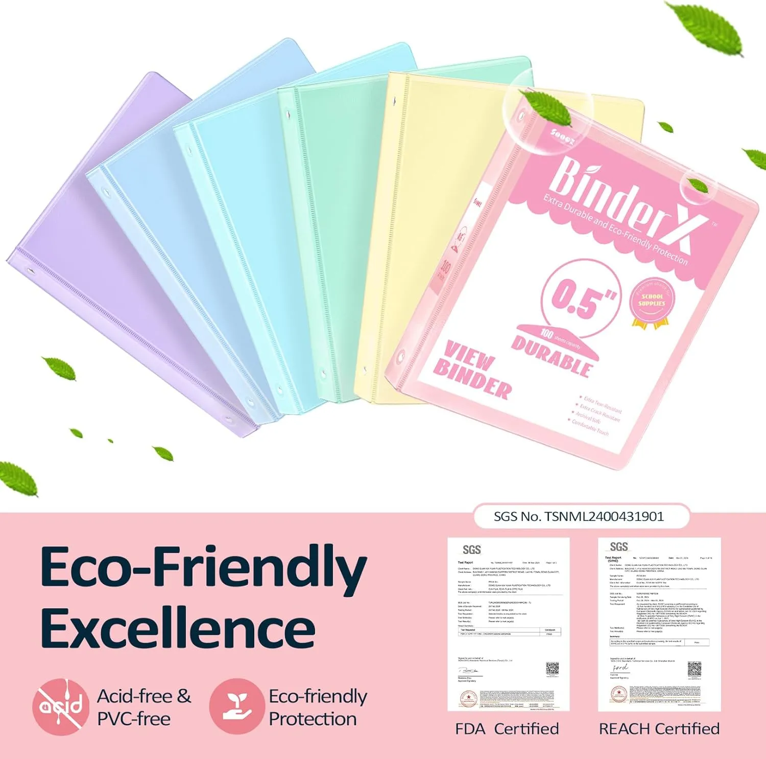 6 Pack Extra Durable 3 Ring Binders 0.5 inch, Sooez 1/2 Three Round Ring Binders with Pockets, Cute Customizable Clear View Cover for 8.5 x 11'' Letter Size Papers, School Office Supplies for Girl