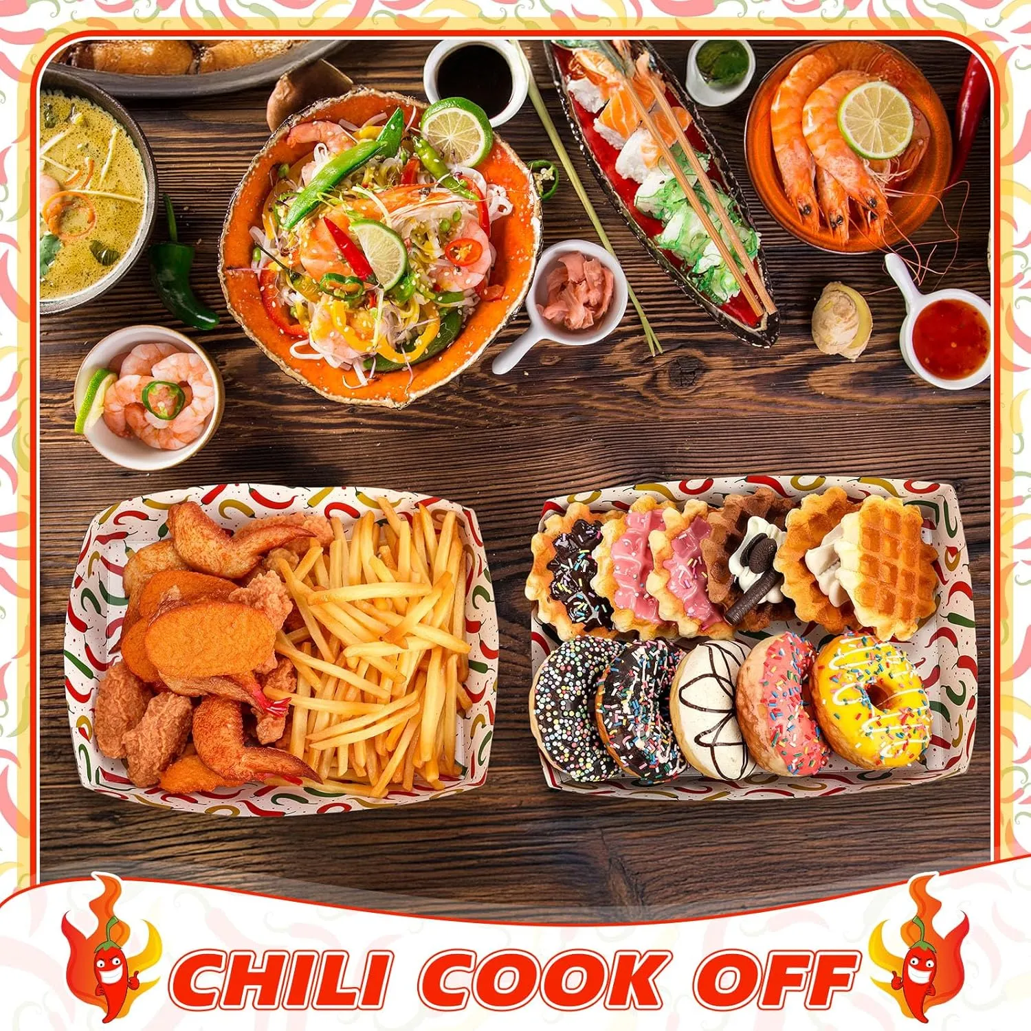 60 Pcs Disposable Mexican Chili Pepper Paper Food Trays 10.2 x 7.1 x 2 Inch 5 lb Heavy Duty Kraft Paper Food Serving Boats for Fiesta Cinco De Mayo Party