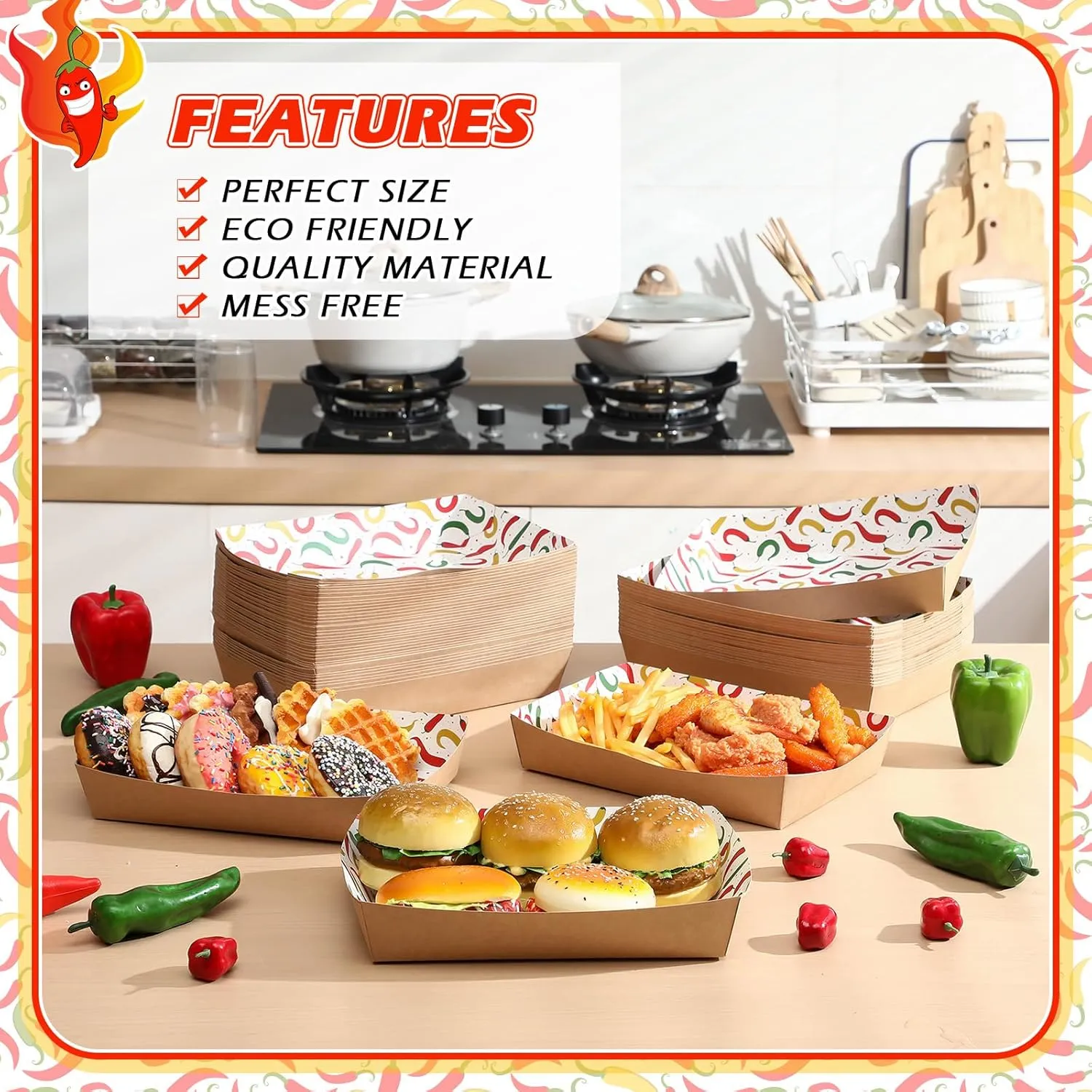 60 Pcs Disposable Mexican Chili Pepper Paper Food Trays 10.2 x 7.1 x 2 Inch 5 lb Heavy Duty Kraft Paper Food Serving Boats for Fiesta Cinco De Mayo Party
