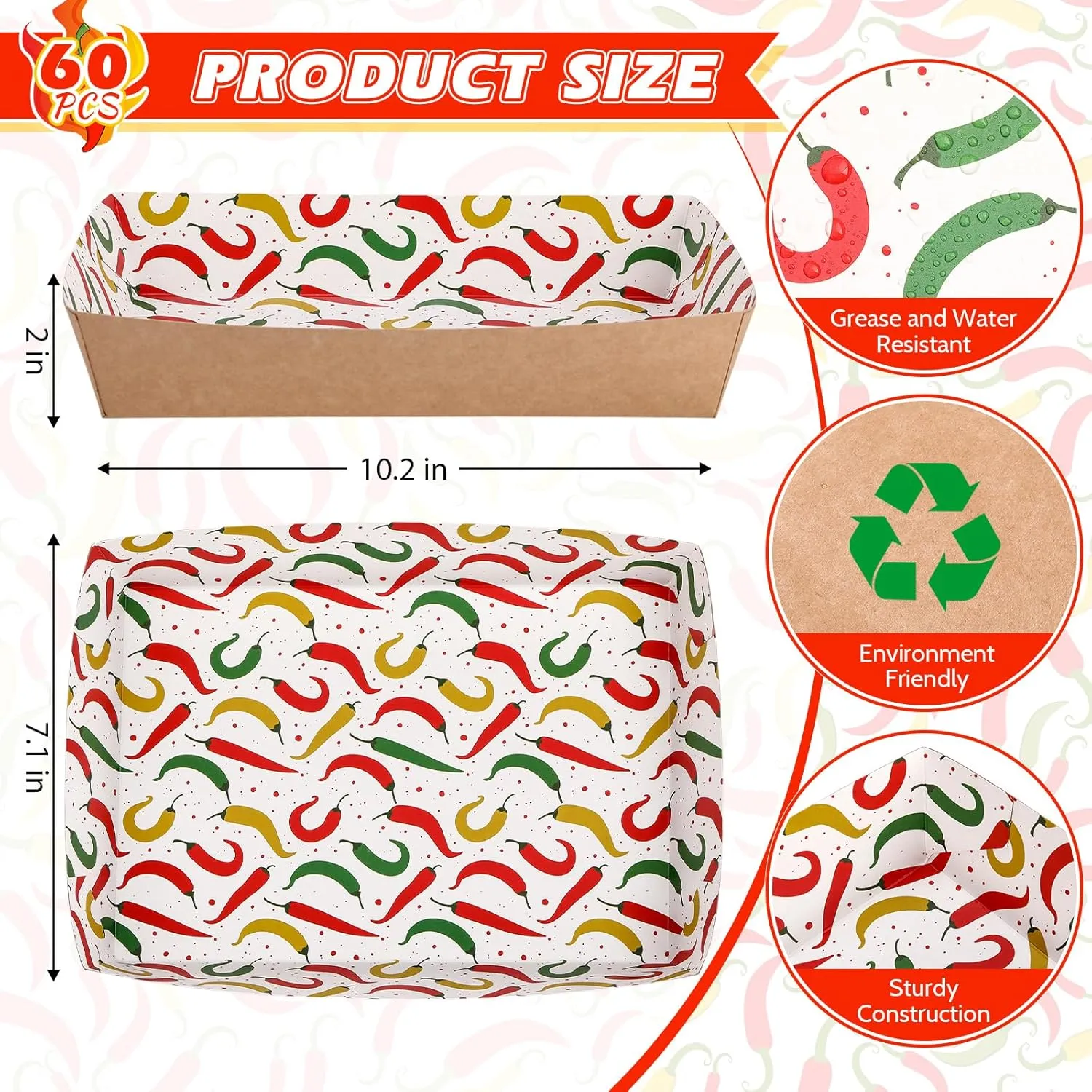 60 Pcs Disposable Mexican Chili Pepper Paper Food Trays 10.2 x 7.1 x 2 Inch 5 lb Heavy Duty Kraft Paper Food Serving Boats for Fiesta Cinco De Mayo Party