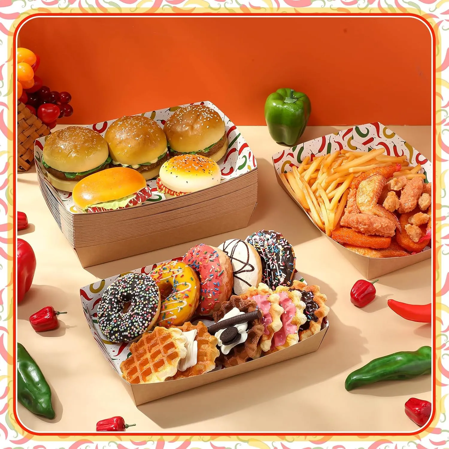 60 Pcs Disposable Mexican Chili Pepper Paper Food Trays 10.2 x 7.1 x 2 Inch 5 lb Heavy Duty Kraft Paper Food Serving Boats for Fiesta Cinco De Mayo Party