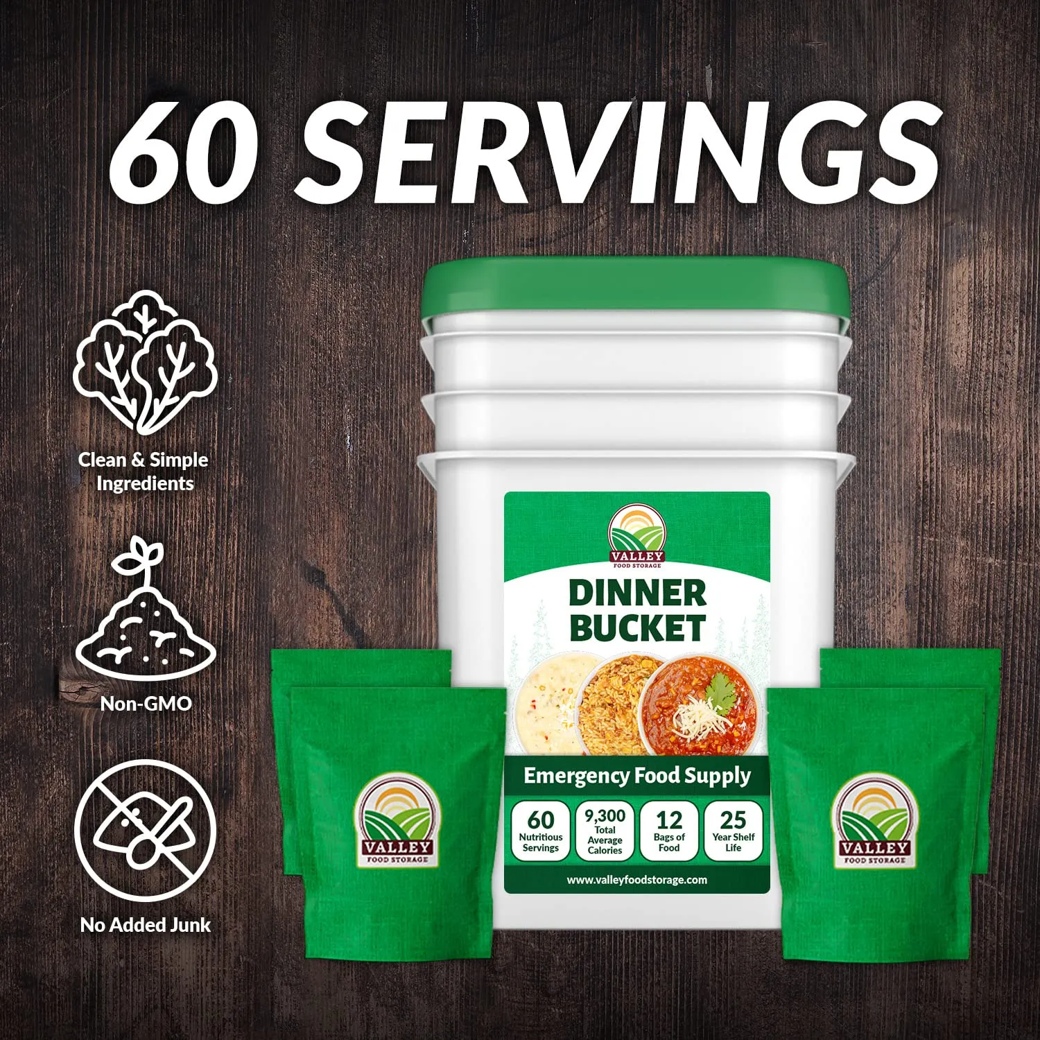 60 Serving Dinner Bucket | Premium Emergency Food Supply | Non-GMO Easy Prep Survival Food 25 Year Shelf Life | Camping Food, Backpacking Meals, Prepper Supplies | Valley Food Storage Packaged in USA
