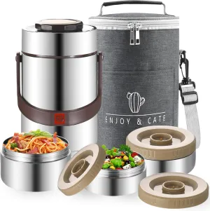 67 Oz Adults Stainless Steel Vacuum Soup Thermos For Hot Food with Inserts Stackable Bento Box and Lunch Bag,Width Mouth Portable Nsulated Food Jar Lunch Container (silvery, 67 oz)