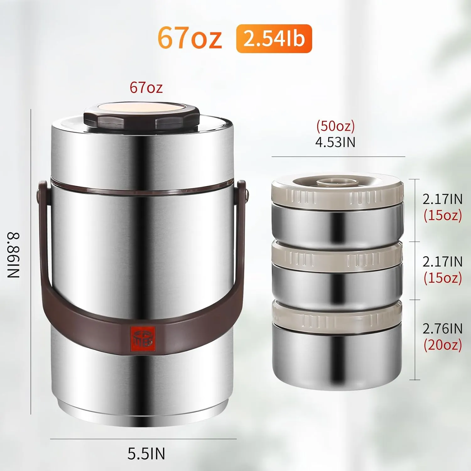 67 Oz Adults Stainless Steel Vacuum Soup Thermos For Hot Food with Inserts Stackable Bento Box and Lunch Bag,Width Mouth Portable Nsulated Food Jar Lunch Container (silvery, 67 oz)