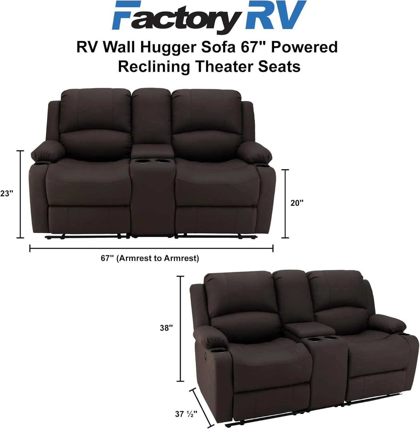67" Wall Hugger Reclining | RV Theater Seats | Double Recliner RV Sofa & Console | RV Couch | RV Theater Seating | RV Furniture (Powered, Chocolate)