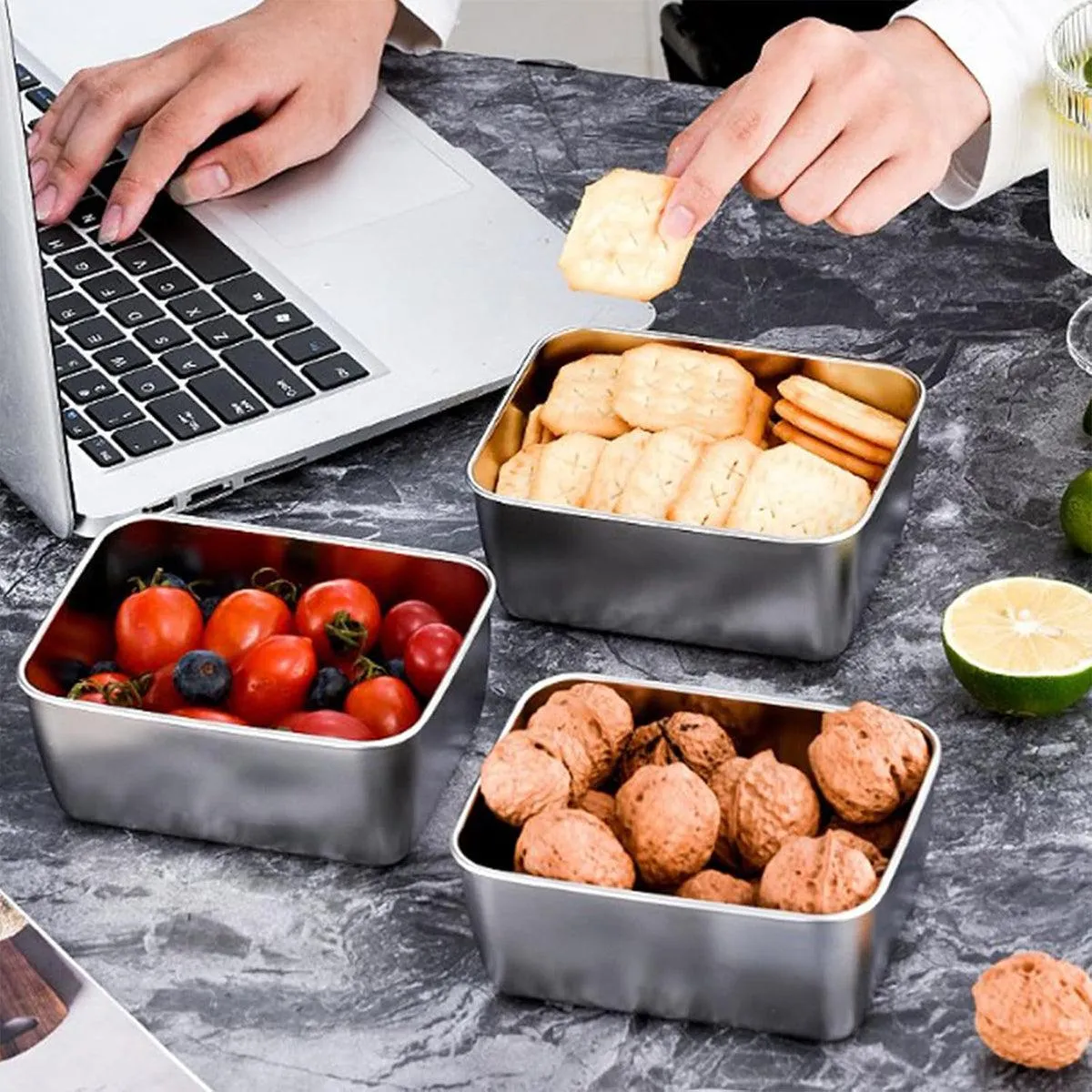 6pcs Stainless Steel Food Storage Box Refrigerator Crisper Rectangle Container