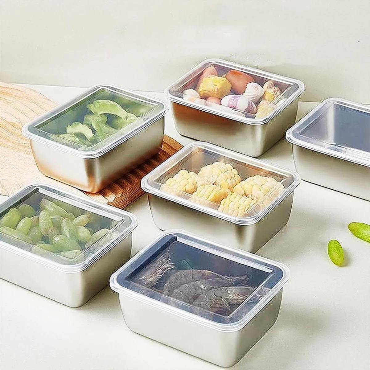 6pcs Stainless Steel Food Storage Box Refrigerator Crisper Rectangle Container