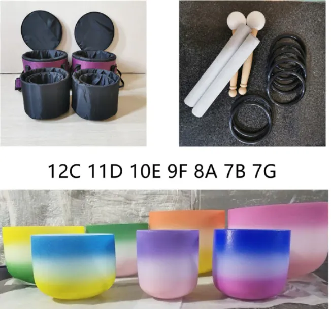 7 Pastel Ombre Colored Frosted Quartz Crystal Singing Bowl Set   2 FREE Carrying Cases